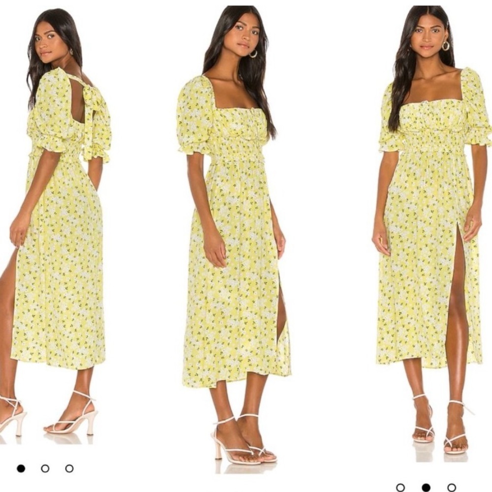 For Love & Lemons Yellow Floral Midi Dress